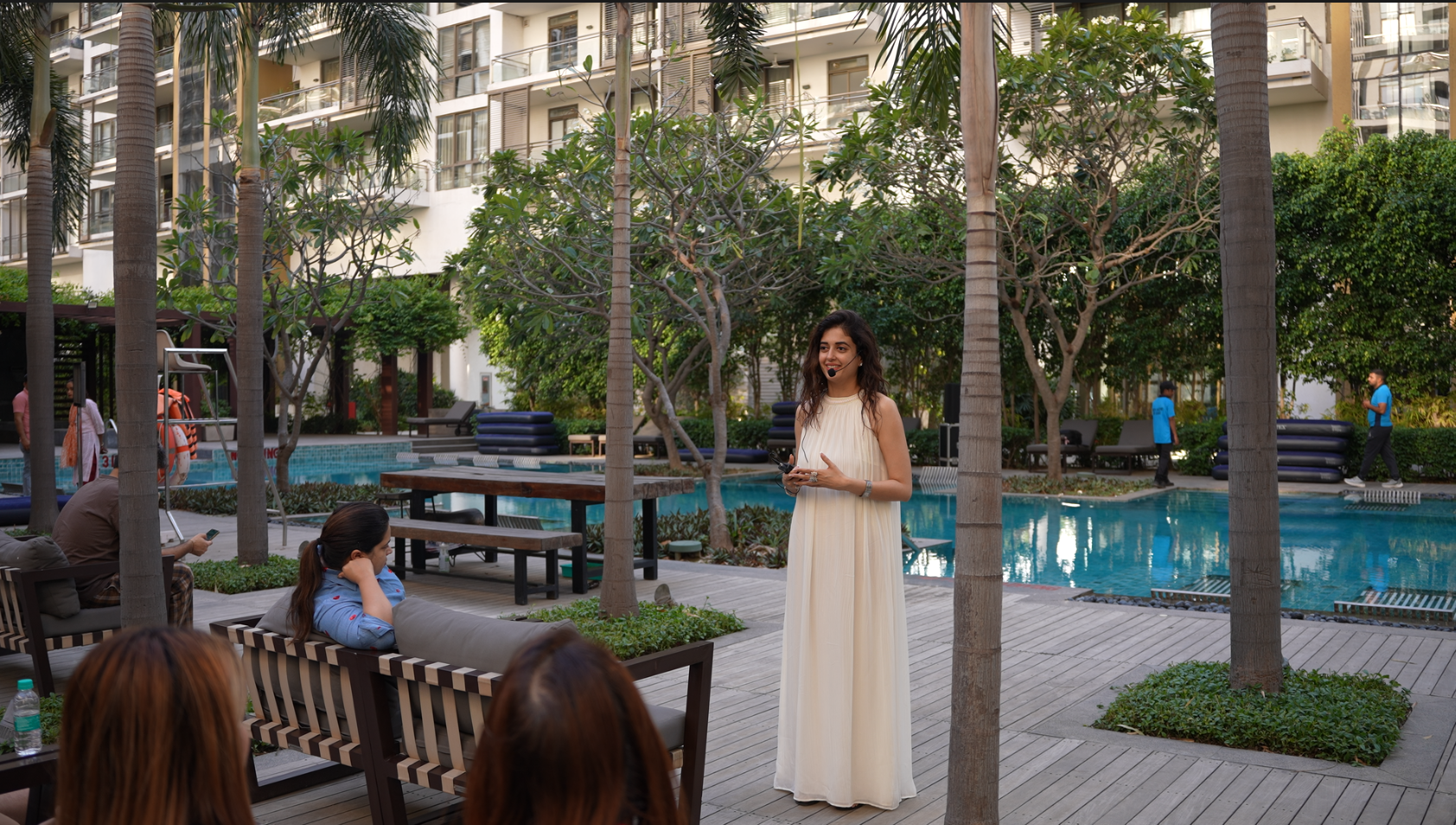Shivira aqua sound healing session at the outdoor pool